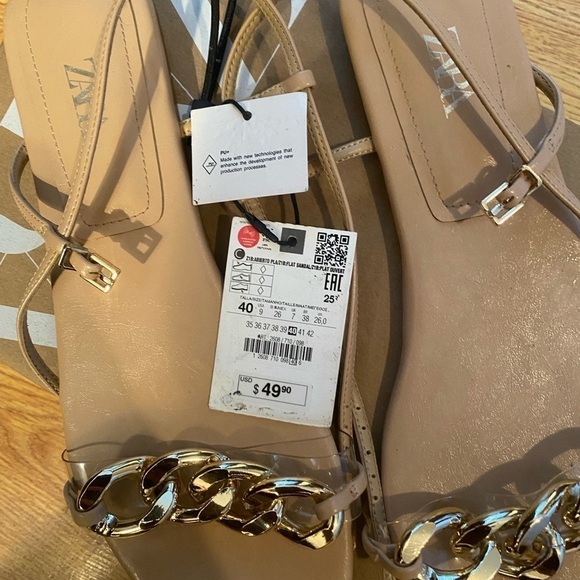 ZARA WOMEN CHAIN TRIM LOW HEELED SANDALS Beige SIZE US9/40 NEW With TAGS - Picture 7 of 9